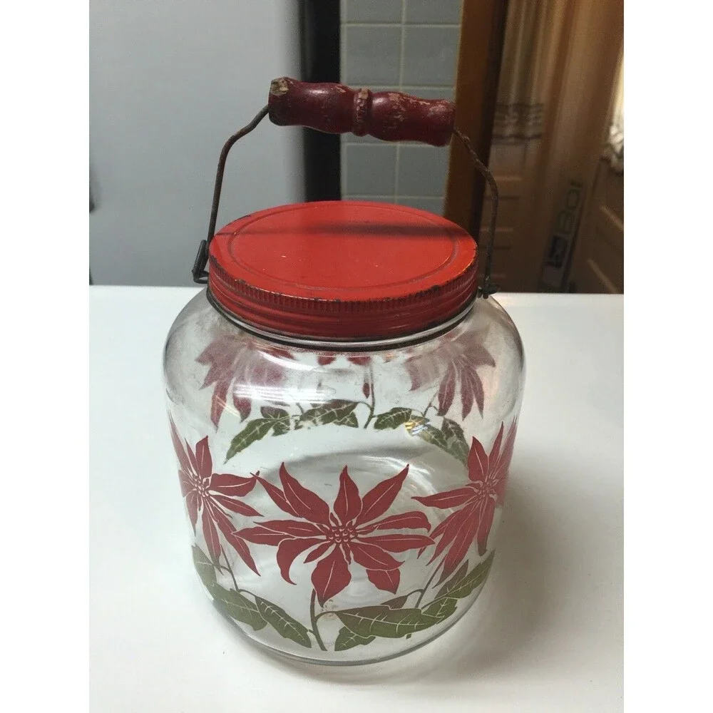 Vintage Christmas Jar w/ Metal Lid, Wooden Handle & 3 Glasses - Poinsettias